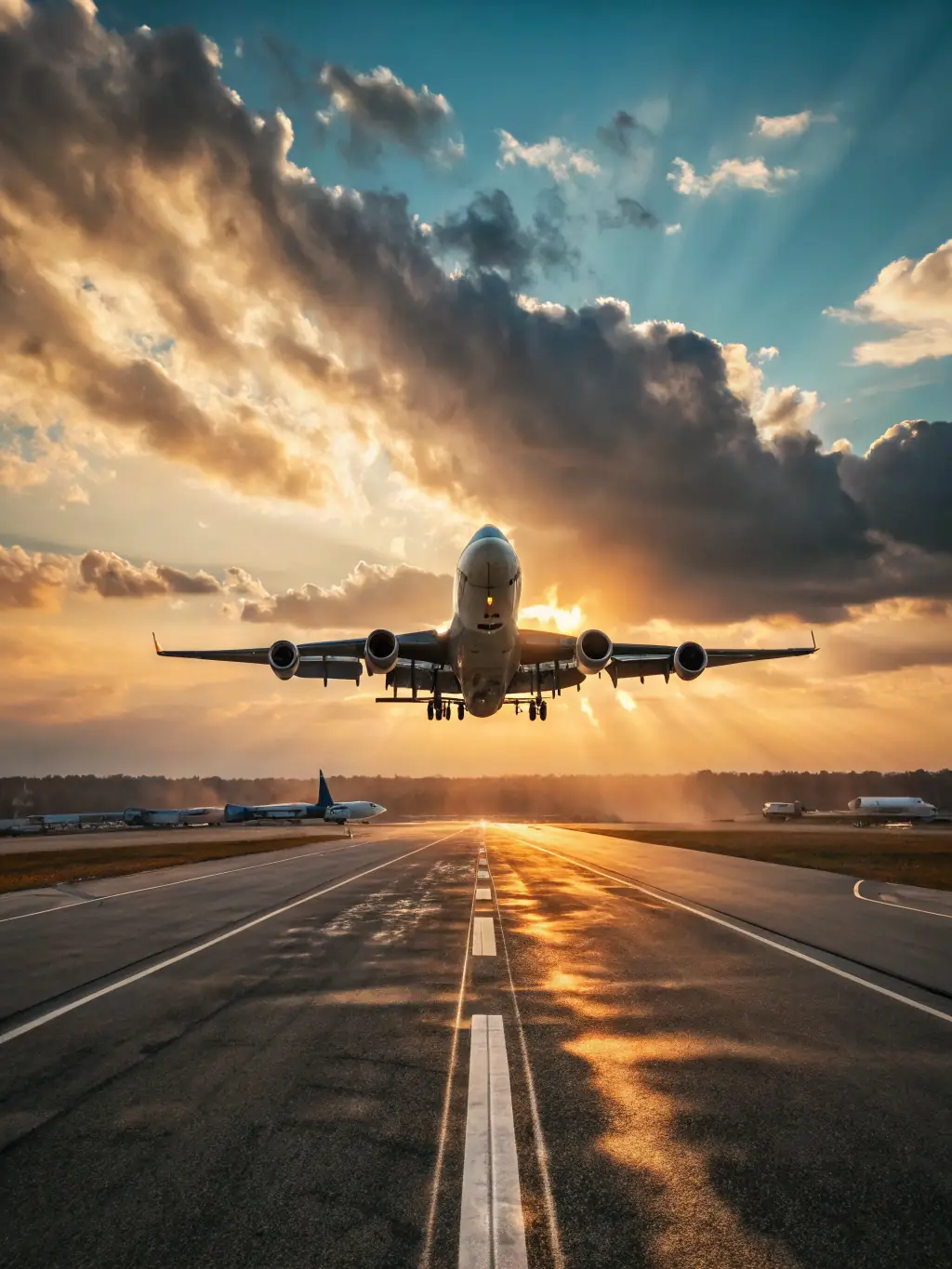 A cargo plane taking off at sunset, representing Mekongzon's Multimodal Transportation capabilities.