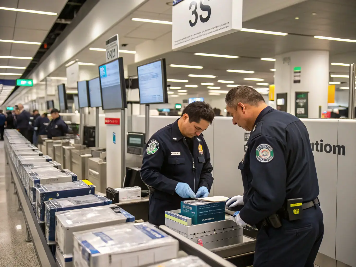 A photograph depicting customs officials inspecting high-value electronics in a Mekongzon facility, emphasizing the meticulous compliance checks and security protocols in place.