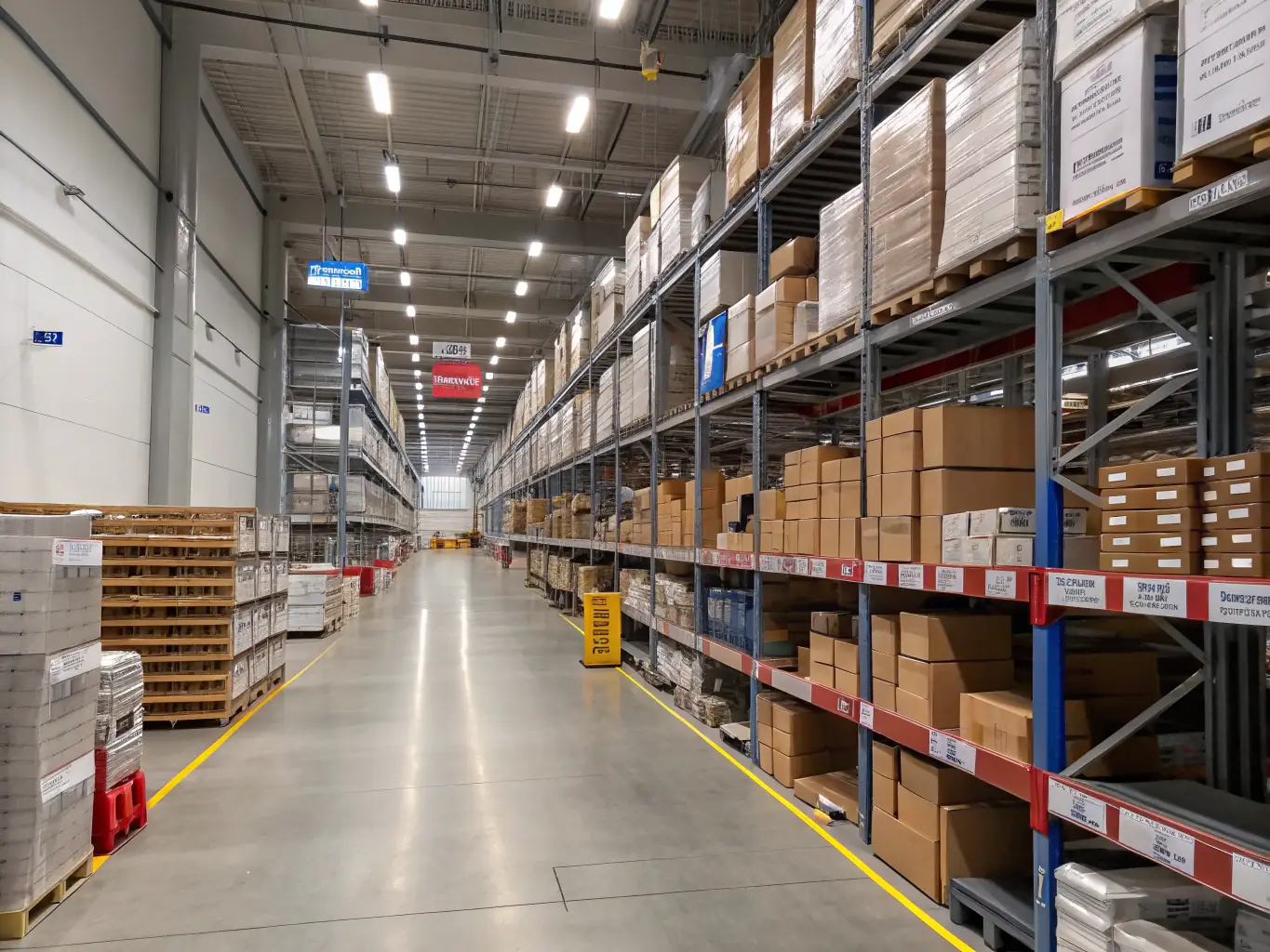 A brightly lit, secure warehouse filled with neatly stacked cartons of various sizes, showcasing the bonded control and warehousing services for excise goods.