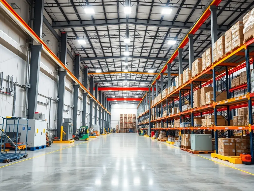 A modern warehouse with secure storage areas, customs supervision stations, and security personnel overseeing high-value cargo, representing Mekongzon's Bonded Control & Warehousing service.
