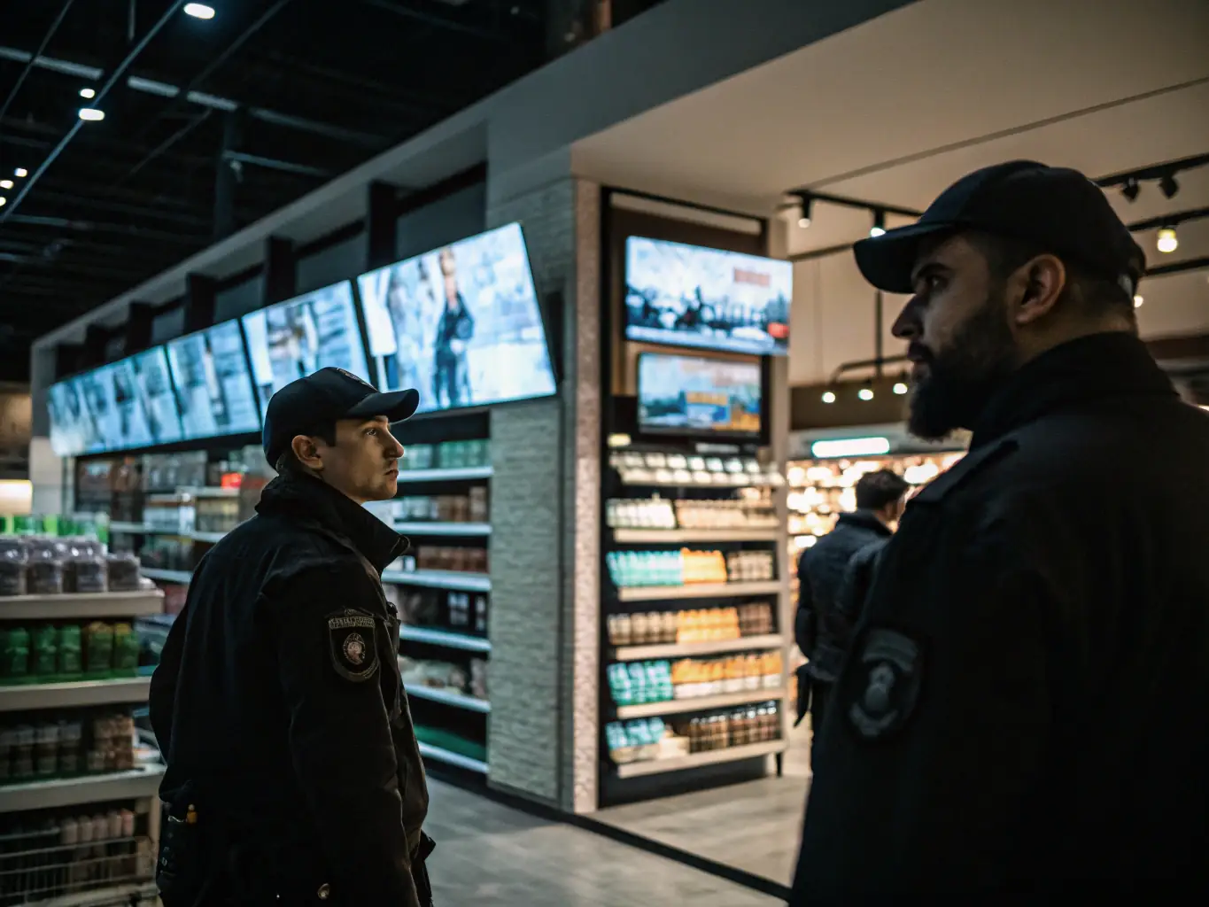 A brightly lit, high-security warehouse interior with visible security cameras and personnel, showcasing the secure storage of excise goods.